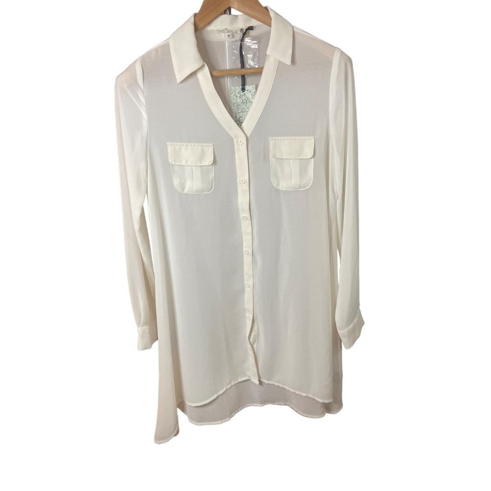 Cecico NWT White Sheer Long Tunic Button Up Long Sleeve Blouse Sz S